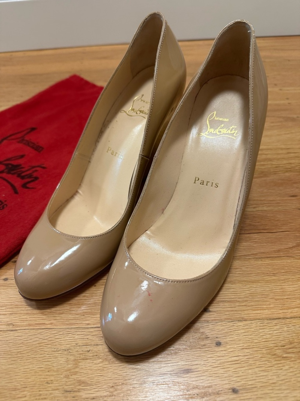 Christian Louboutin Beige Patent Leather Round-Toe Pumps